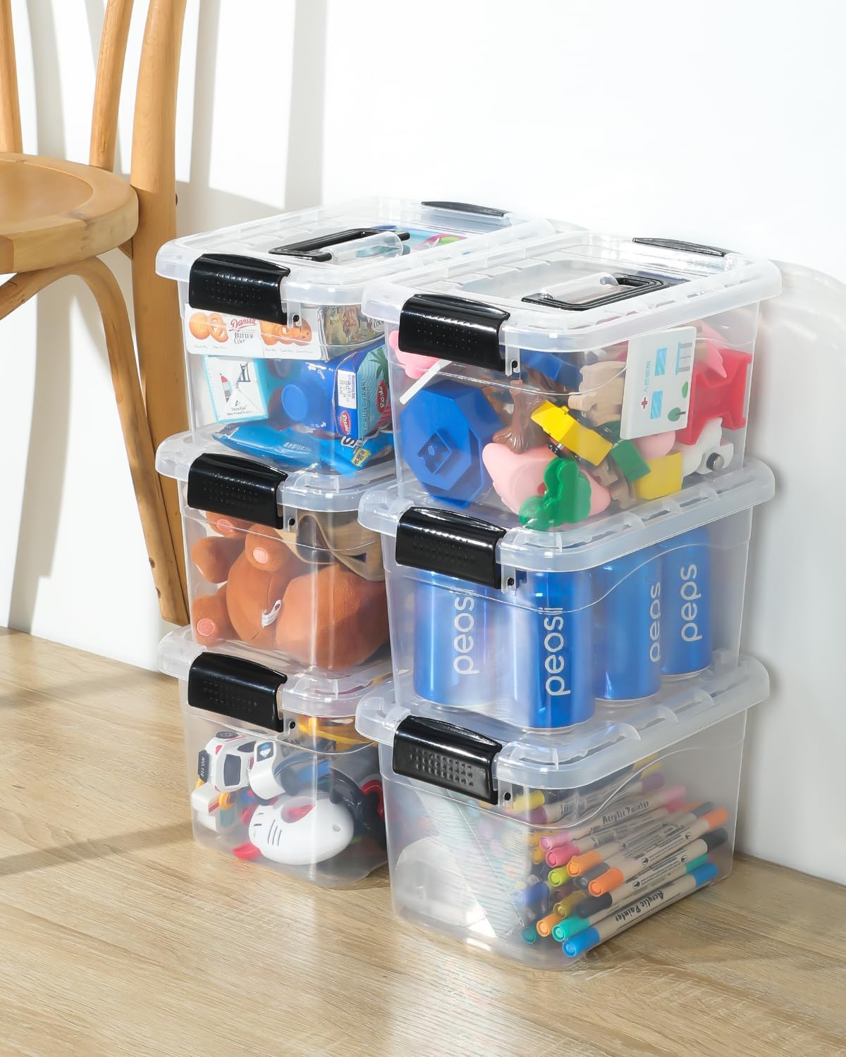 Plastic Storage Bins with Lids 6 Pack, 7 Quart Storage Containers With Black Buckle Latch