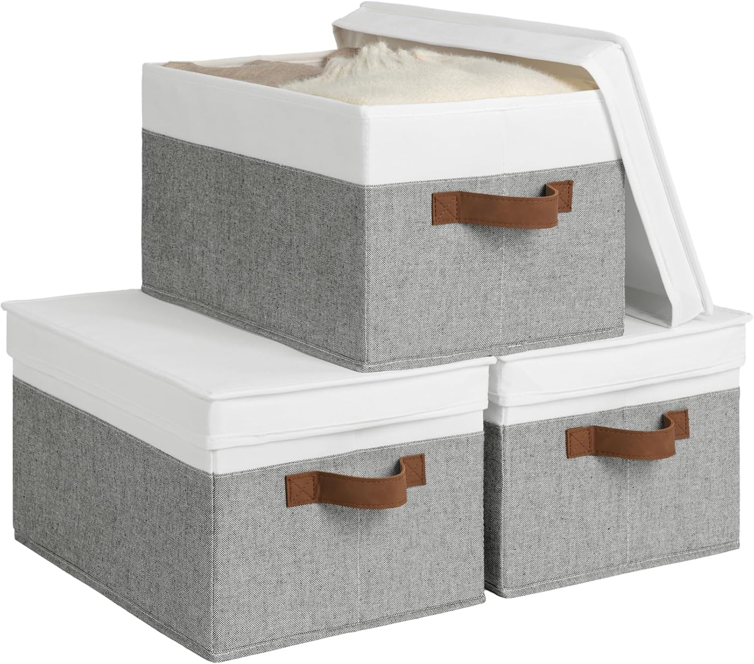 Lidded Large Storage Bins, Foldable Decorative Boxes, 3-Pack