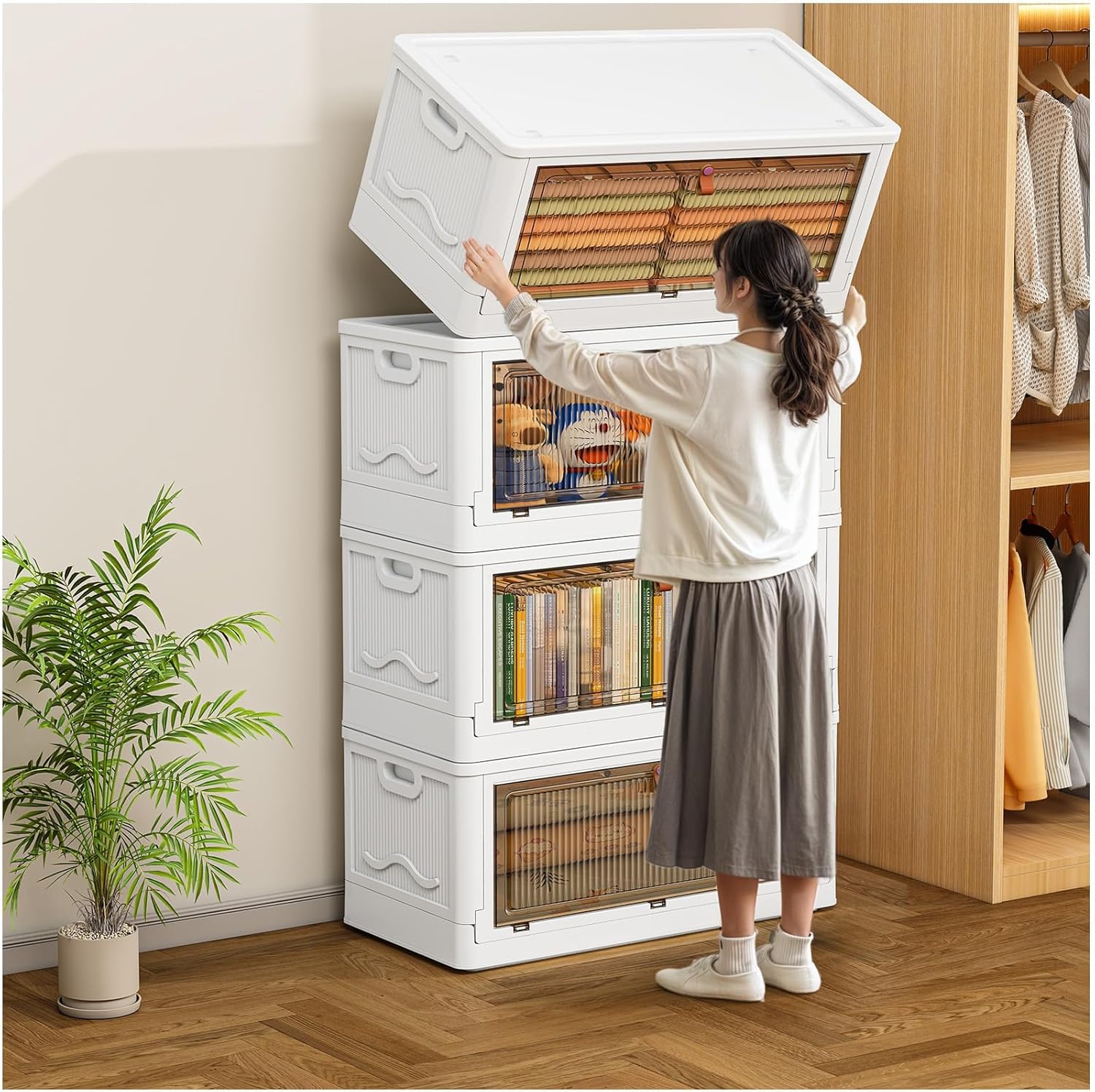 4 Tier Plastic Storage Bins with Lid 23QT, Stackable Storage Containers with Wheels