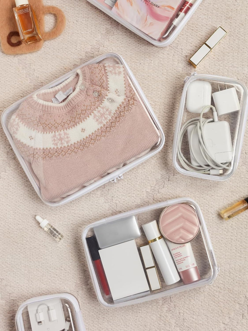 3PCS Large Clear Hard Shell Zippered Case, Diaper Bag Organizing Pouches