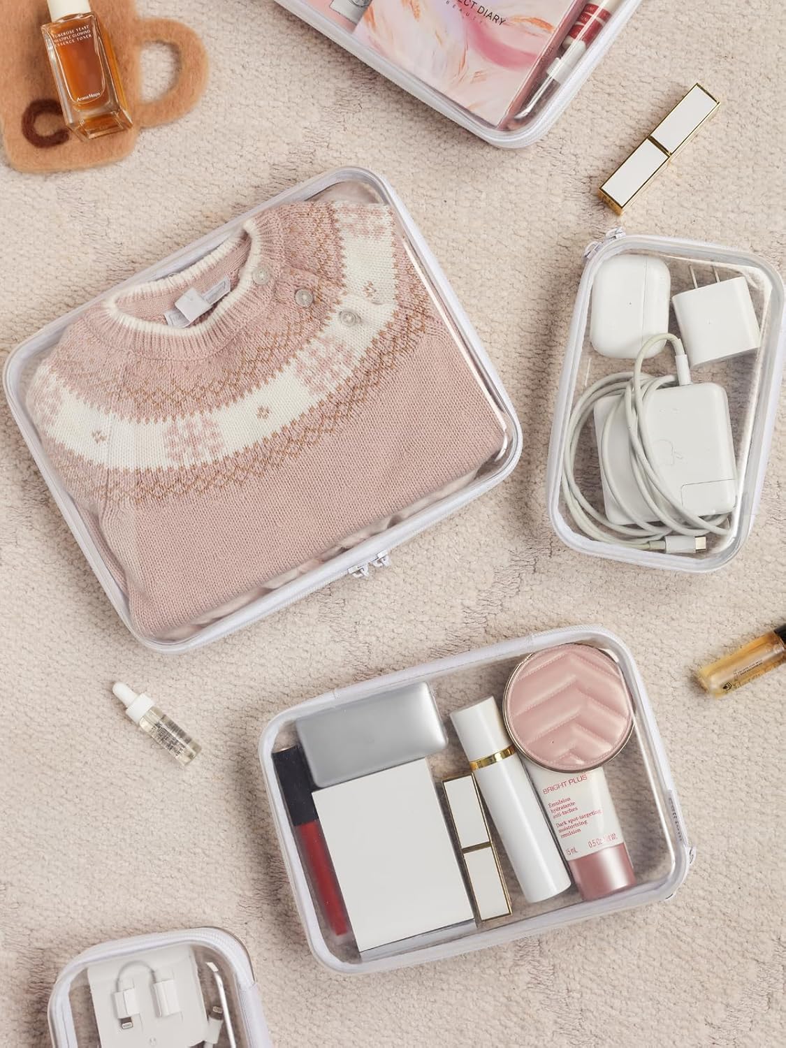 3PCS Large Clear Hard Shell Zippered Case, Diaper Bag Organizing Pouches