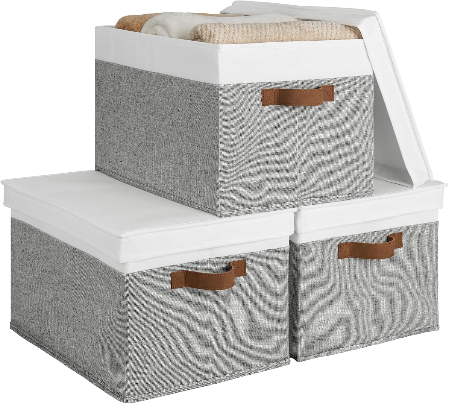 Lidded Large Storage Bins, Foldable Decorative Boxes, 3-Pack