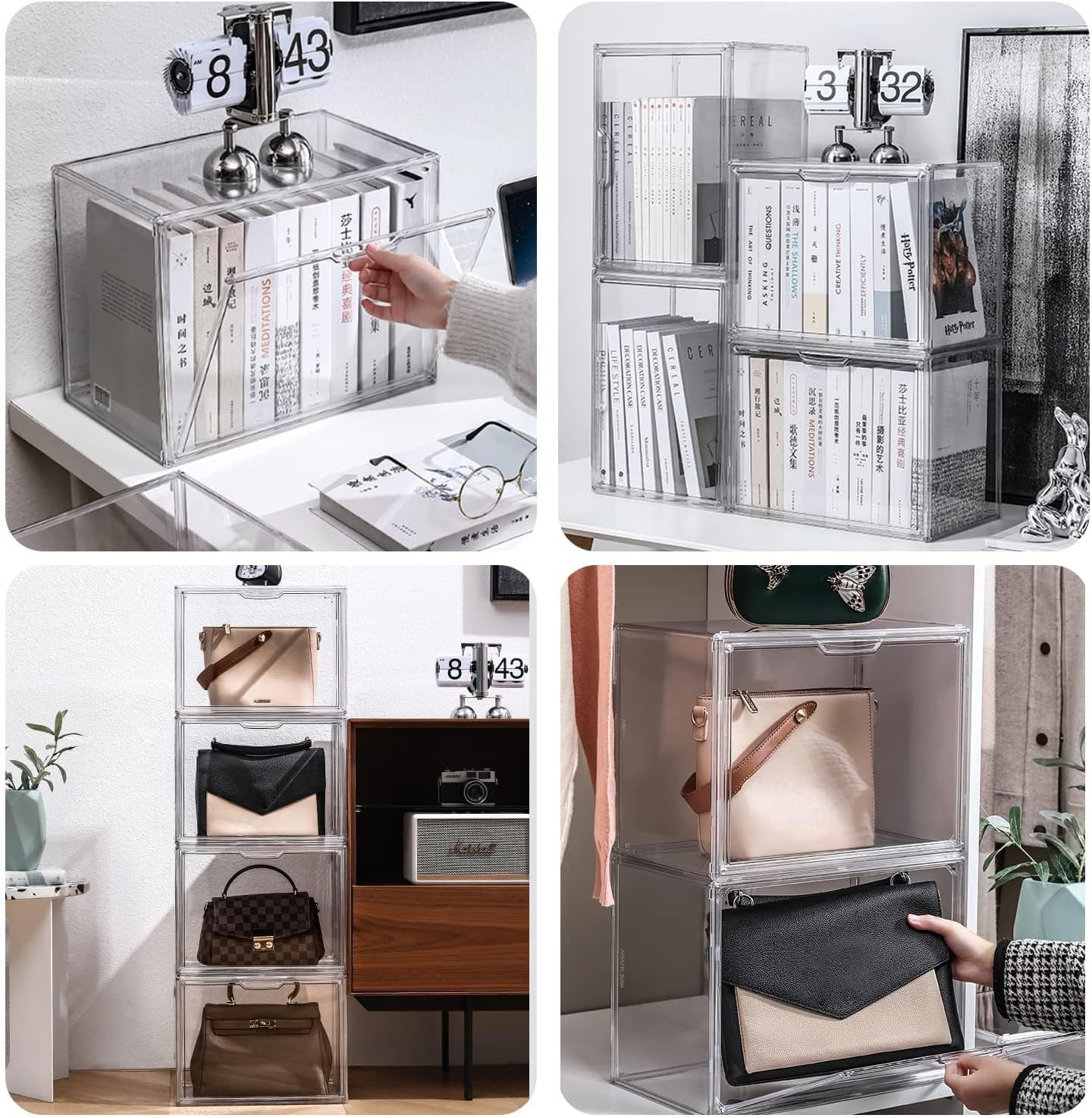 Clear Stackable Plastic Storage Bins with Magnetic Lid, Dustproof Book